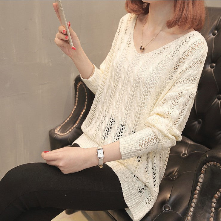 Damen Strickpullover mit elegantem V-Ausschnitt und lässigem Lochmuster EB