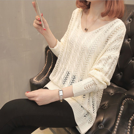 Damen Strickpullover mit elegantem V-Ausschnitt und lässigem Lochmuster EB