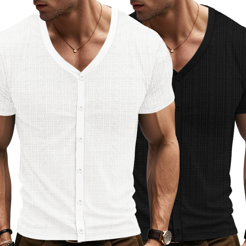 Herren Kurzarm Henley-Shirt mit strukturiertem Design und Knopfleiste EB