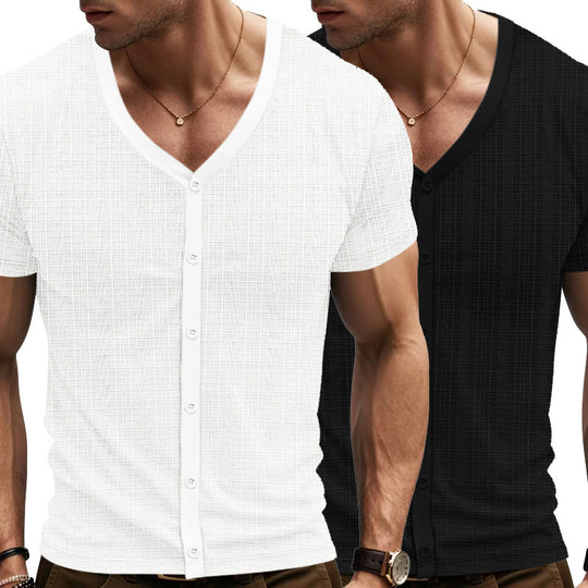 Herren Kurzarm Henley-Shirt mit strukturiertem Design und Knopfleiste EB