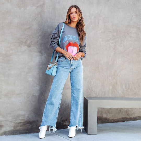 Damen Weite Jeans mit fransigem Saum EB