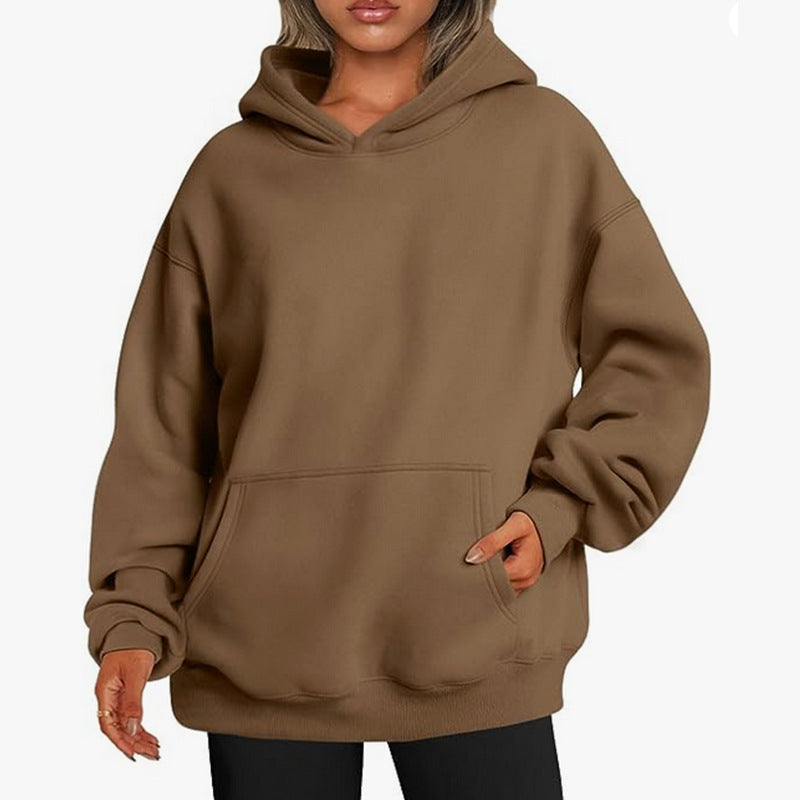 Damen nan Relax-Fleece Kapuzenpullover mit Kängurutasche, verlängerter Rücken und überschnittener Schulter EB