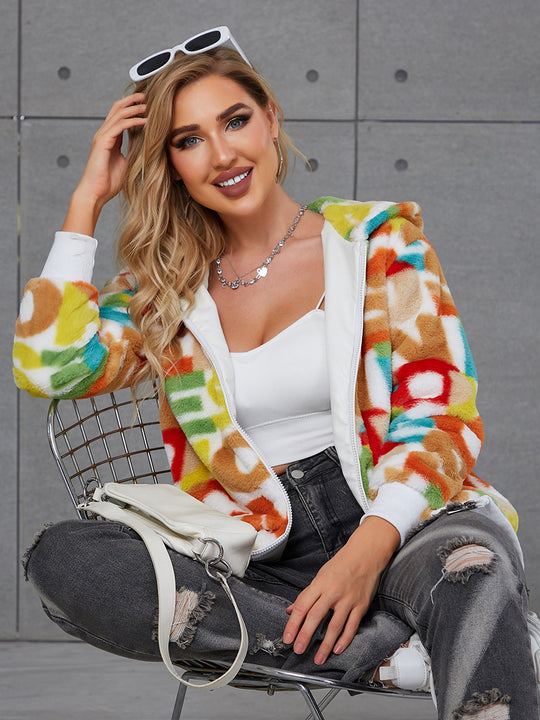 Damen Flauschige Kapuzenjacke mit buntem Muster und praktischen Taschen EB