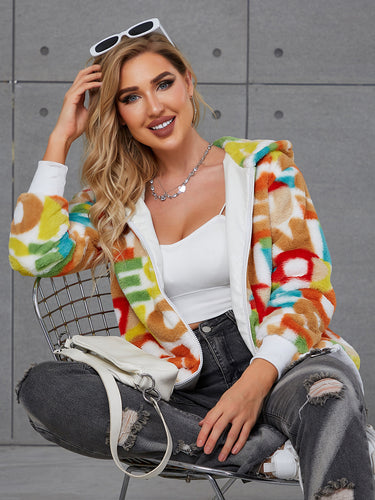 Damen Flauschige Kapuzenjacke mit buntem Muster und praktischen Taschen EB