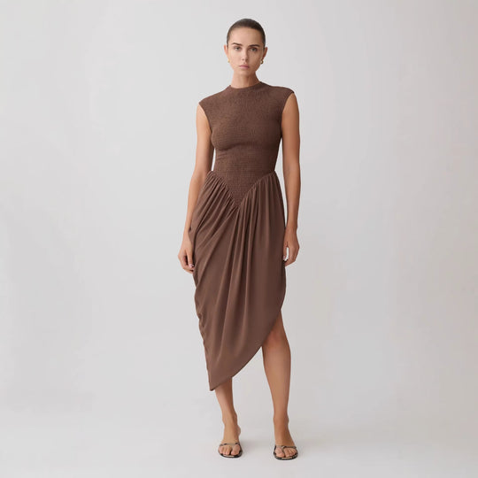 Damen Elegantes asymmetrisches Kleid mit strukturiertem Oberteil und fließendem Rock EB