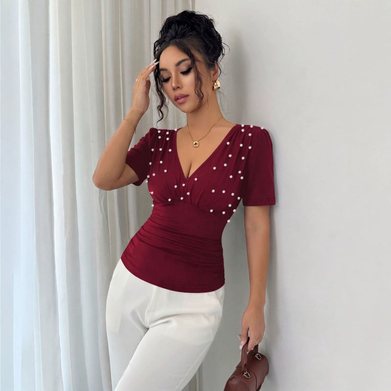 Damen elegante Bluse mit Perlen-Detail EB