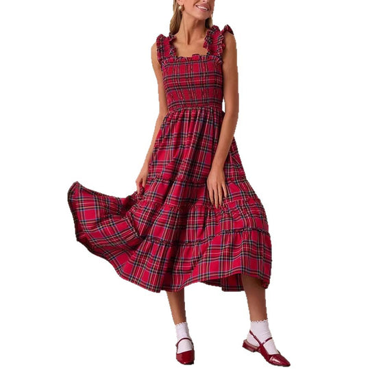 Damen Maxikleid mit voluminösen Rüschendetails und klassischen Karo-Muster EB