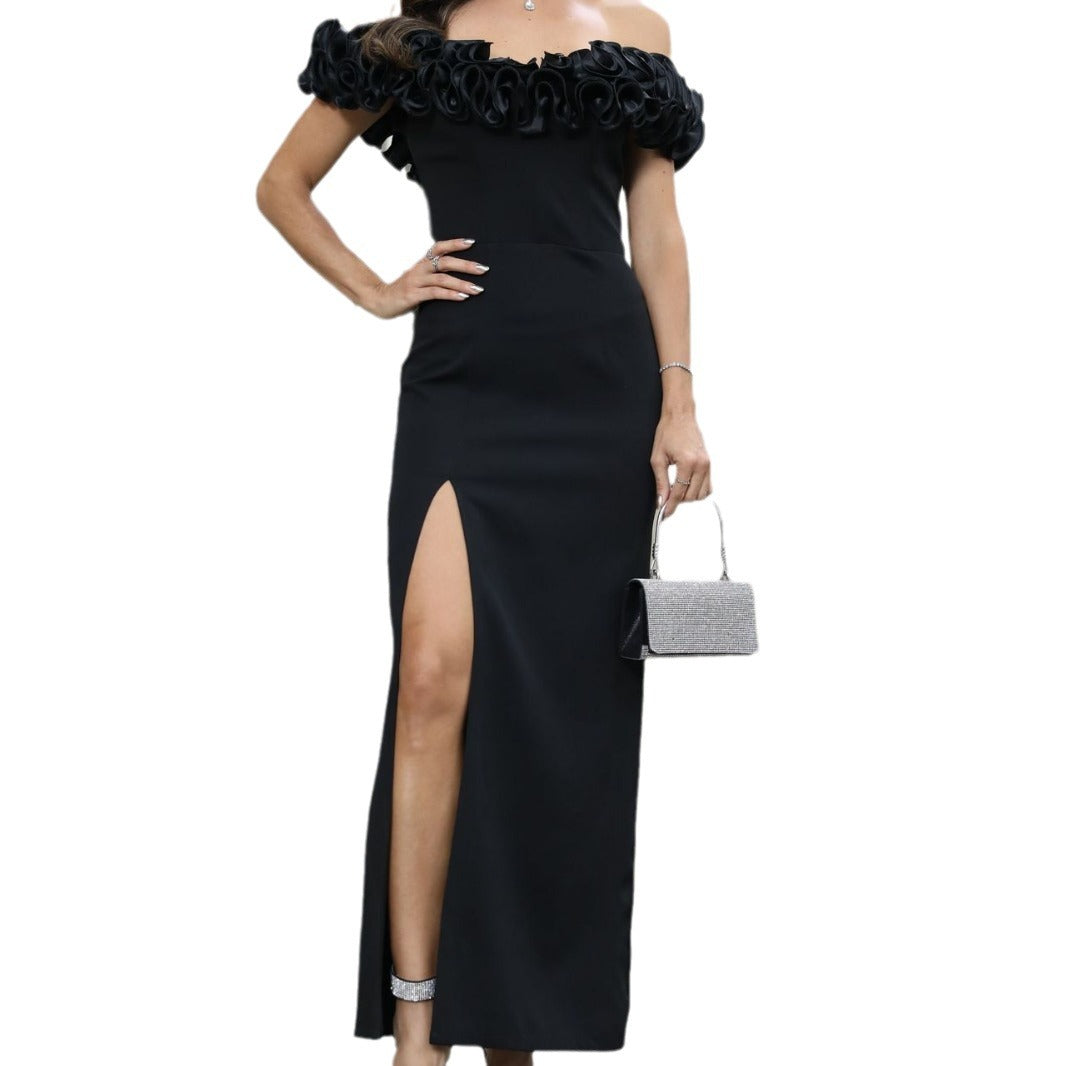 Damen Elegantes Maxikleid mit gerafftem Off-Shoulder-Design und hohem Beinschlitz EB