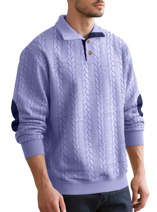 Herren nan Zopfmuster-Halbknopf-Pullover mit hohem Stehkragen und Wildleder-Ellbogenpatches EB