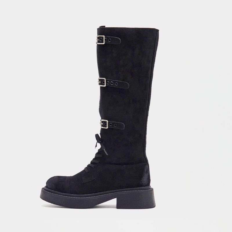 Damen Modische Overknee-Stiefel mit robustem Plateau und dekorativen Schnallen EB