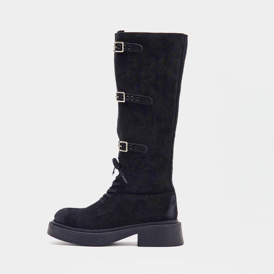 Damen Modische Overknee-Stiefel mit robustem Plateau und dekorativen Schnallen EB