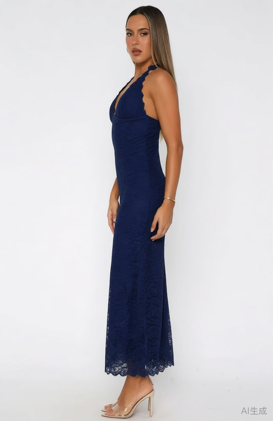 Damen Elegantes Spitzenmaxikleid mit halterndem Dekolleté EB
