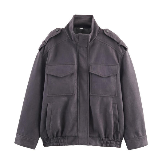 Damen Kunstlederjacke mit praktischen Pattentaschen und modernem Stehkragen EB