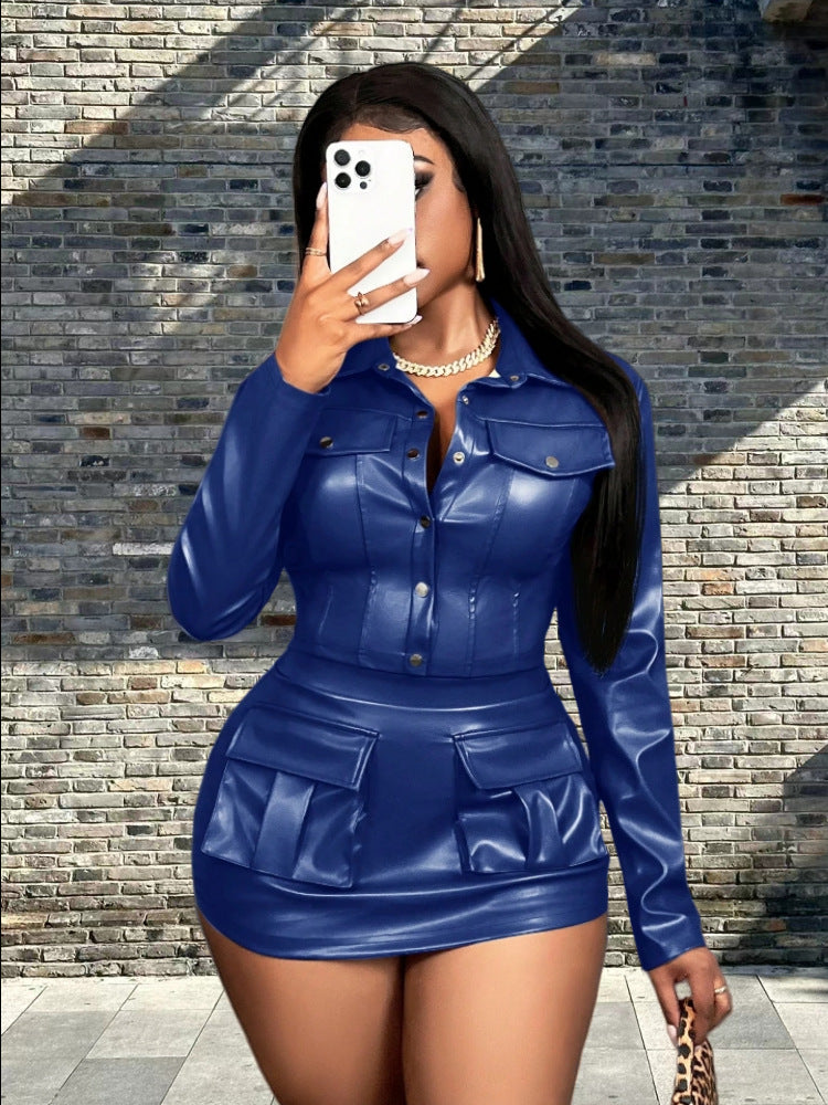 Damen Kunstleder Minikleid mit praktischen Klappentaschen EB
