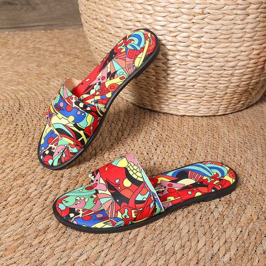 Damen Sommerliche Zehentrenner-Sandalen mit buntem Musterdruck EB