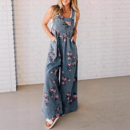 Damen Lässiger Denim-Hosenanzug mit floralem Print und weiten Beinen EB