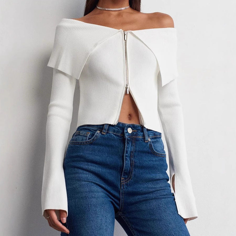 Damen cropped Oberteil mit weitem Ausschnitt und Reißverschluss EB