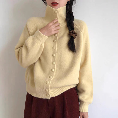 Damen Hochwertiger Strickcardigan mit Stehkragen und Knopfdetails EB