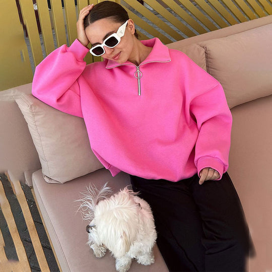 Damen lässiger Pullover mit steigendem Kragen und Reißverschluss EB