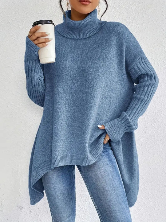 EB | Rollkragenpullover Übergröße Passform Wollstrick Asymmetrischer Saum Gerippte Ärmel