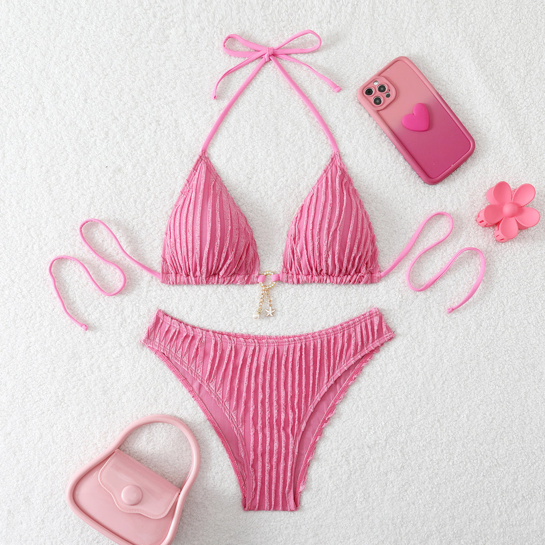 Damen Triangel-Bikini mit feiner Ripptextur und verspieltem Schmuckdetail EB