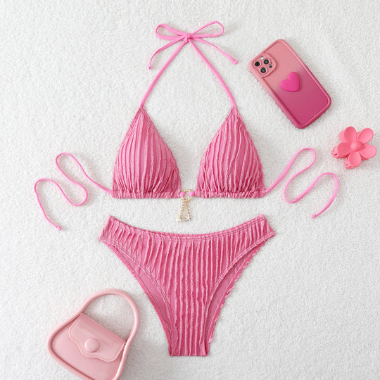 Damen Triangel-Bikini mit feiner Ripptextur und verspieltem Schmuckdetail EB