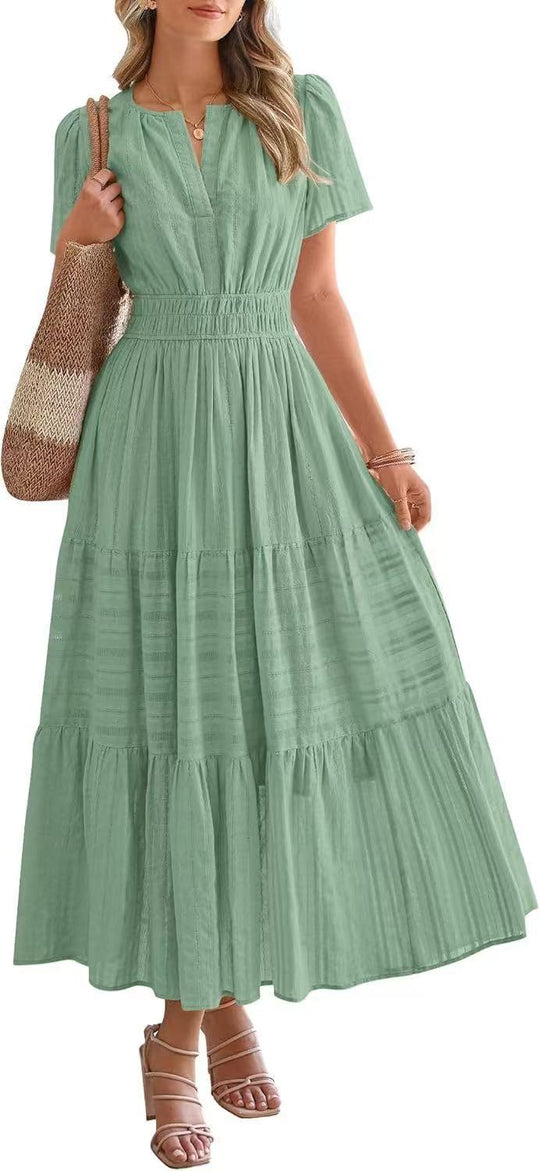 Damen Maxikleid mit elegantem V-Ausschnitt und frisch gerafftem Design EB
