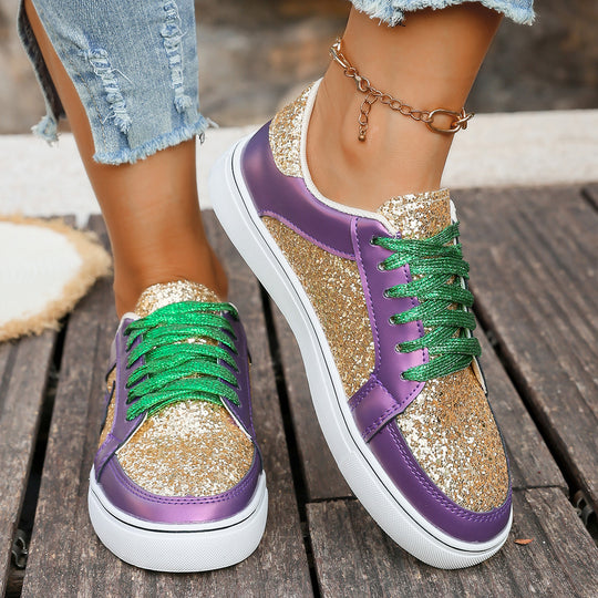 Damen modische Plateausneaker mit Glitzerpanelen, Sternapplikation und gepolsterter Komfortsohle EB