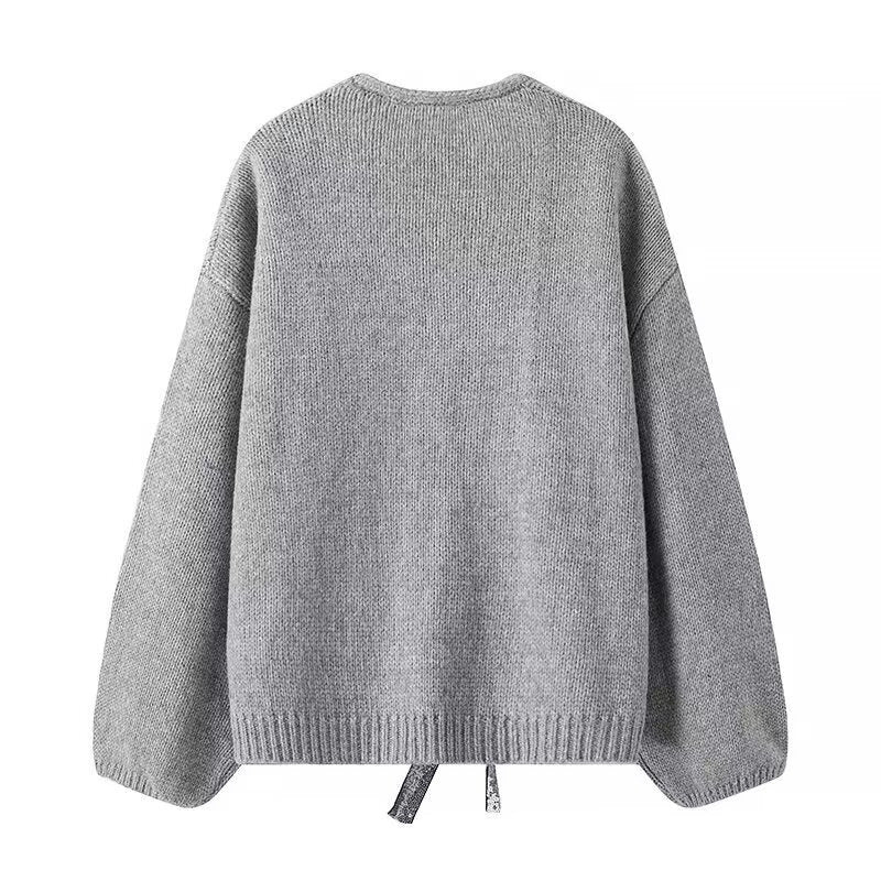Damen luftige Strickjacke mit Schimmerndem Bindegürtel EB