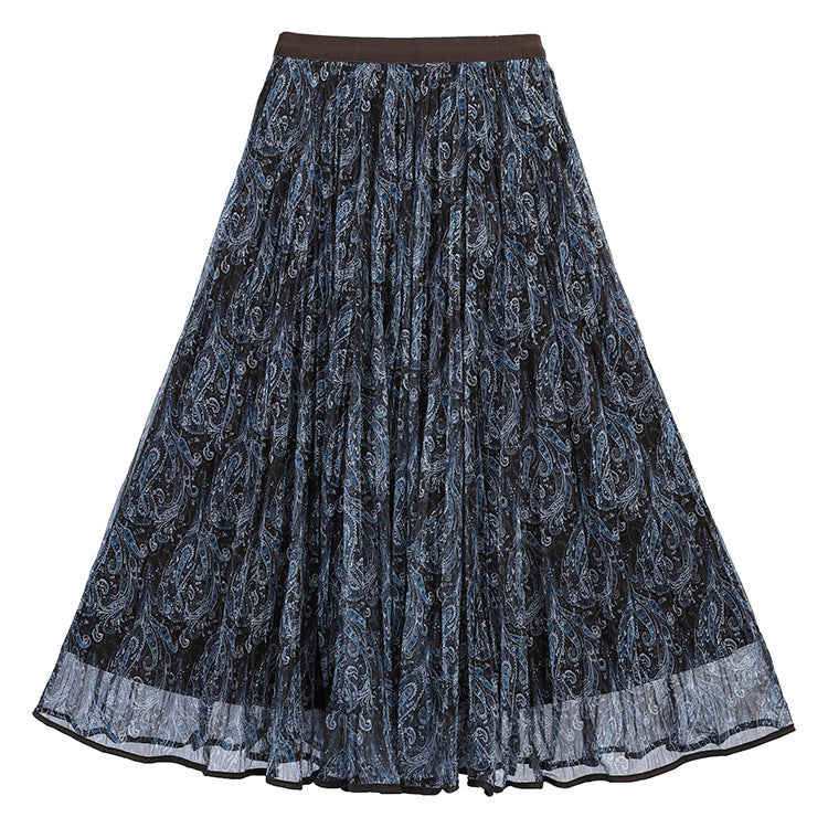 Damen  voluminöser Chiffon-Tellerrock im Paisley-Motiv mit elastischem Taillenbund EB