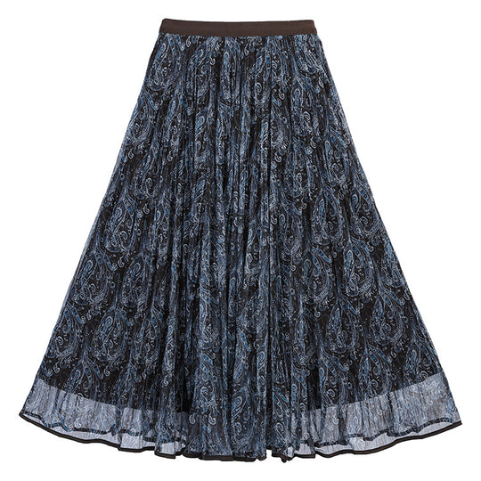Damen  voluminöser Chiffon-Tellerrock im Paisley-Motiv mit elastischem Taillenbund EB