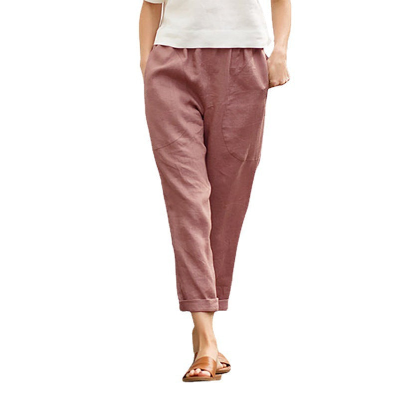 Damen nan legere Leinen-Baumwollhose mit elastischem Bund, aufgesetzten Taschen und konischer Beinform EB