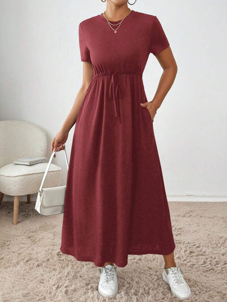 Damen lässiges Maxikleid mit elastischem Taillenbund und Rundhalsausschnitt EB