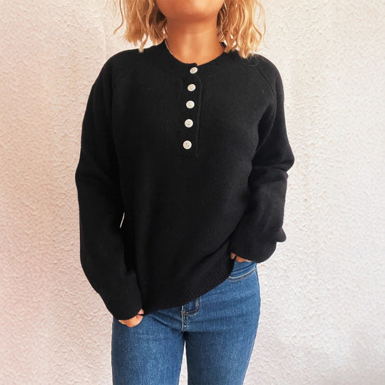 Damen gemütlicher Strickpullover mit Knopfdetails EB