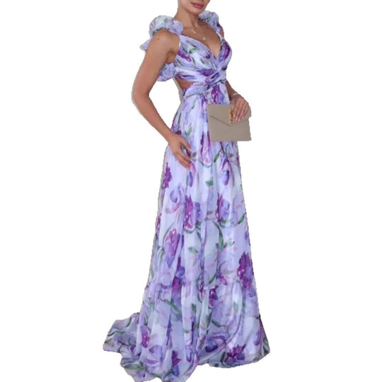 Damen Maxikleid im romantischen Vintage-Stil mit fließendem Rock und Rüschendetails EB
