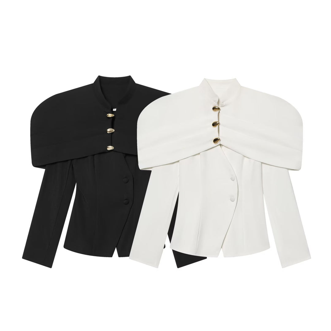 Damen elegante Blazerjacke mit übergroßen Schulterklappen und goldenen Knopfdetails EB