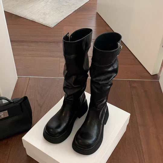Damen Overknee-Stiefel mit elastischem Falten-Design und robustem Blockabsatz EB