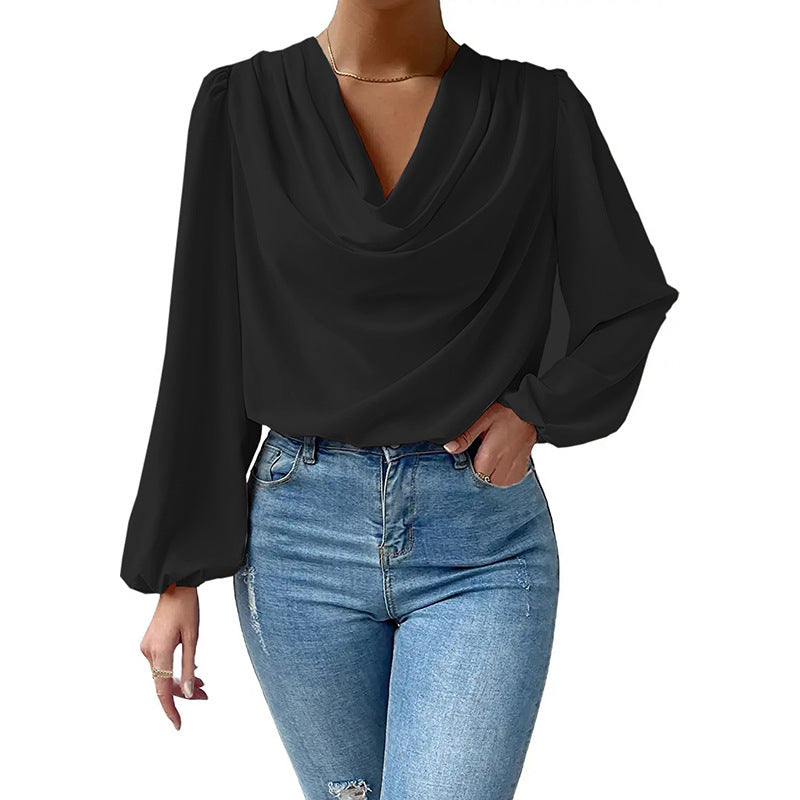 Damen Elegantes Langarm-Blusenoberteil mit Drapierung und weitem Schnitt EB
