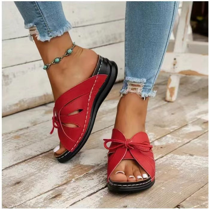Damen bunte Slip-On Pantoletten mit dekorativem Knoten EB