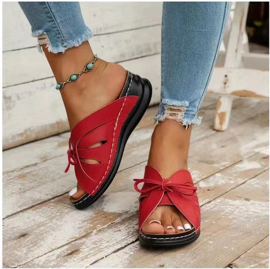 Damen bunte Slip-On Pantoletten mit dekorativem Knoten EB