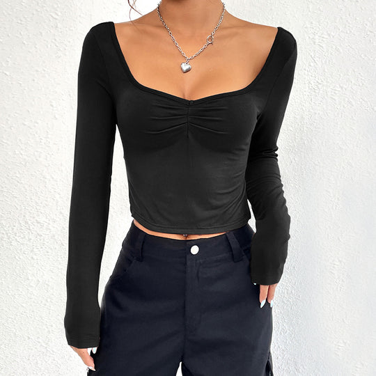 Damen gerafftes Cropped-Longsleeve mit Herz-Ausschnitt und Seitenschlitzen Eichborn Berlin