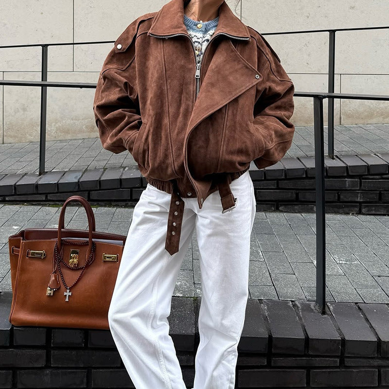 Damen lässige Wildlederjacke im Oversized-Stil mit Taillengürtel EB