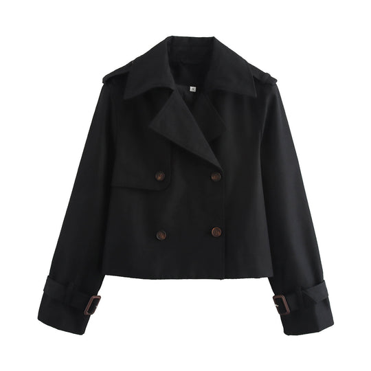 Damen modische Cropped-Trenchjacke mit doppelter Knopfleiste und verstellbaren Ärmeln EB