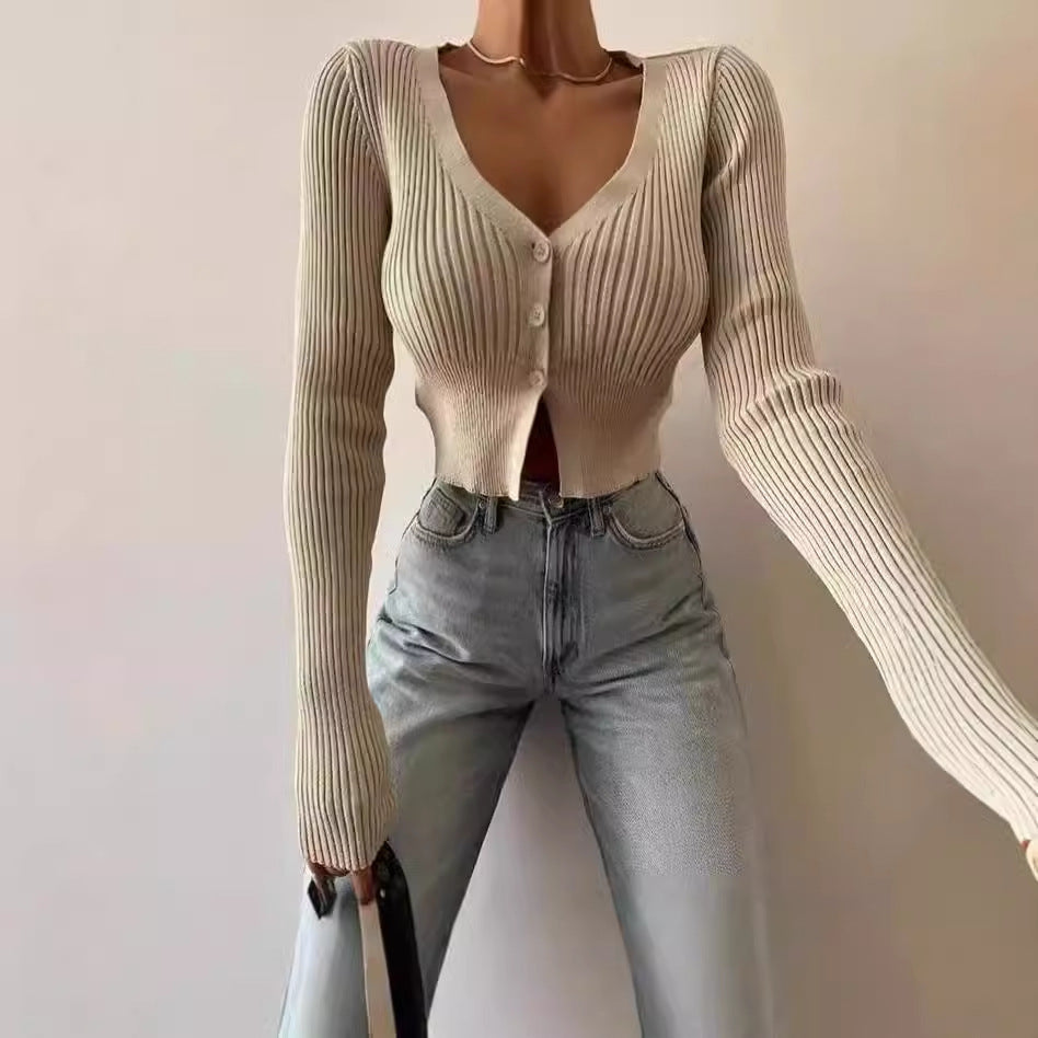 Damen Strick-Cardigan mit tiefem V-Ausschnitt und Knopfverschluss EB