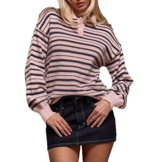 Damen gestreifter Pullover mit Polokragen EB