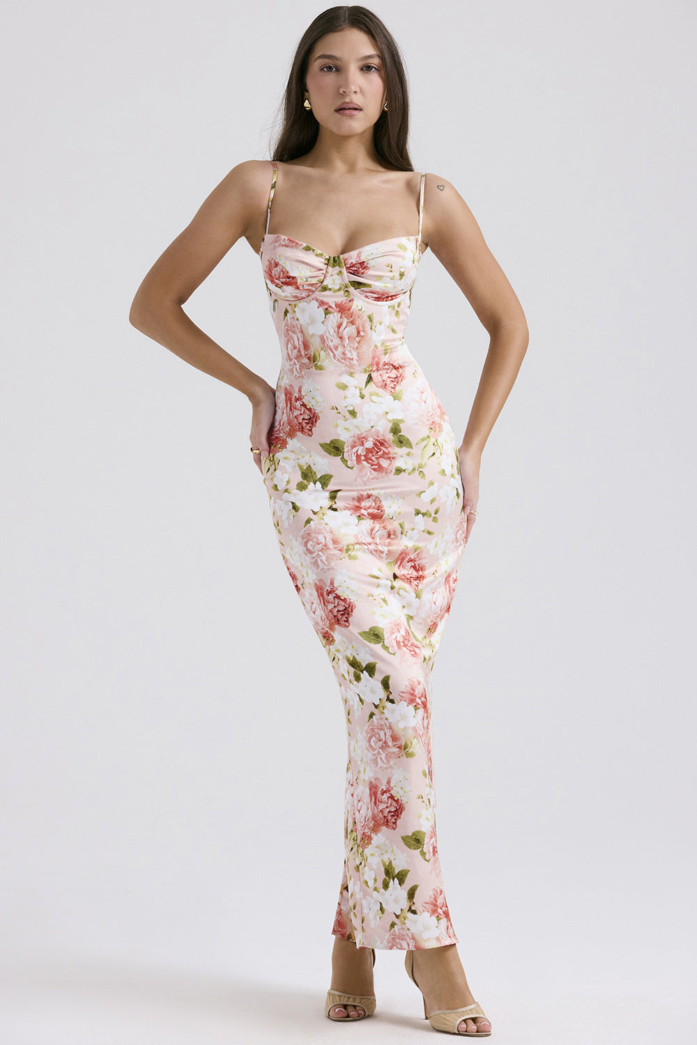 Damen Maxikleid mit floralem Spitzen-Design und schmalen Trägern EB