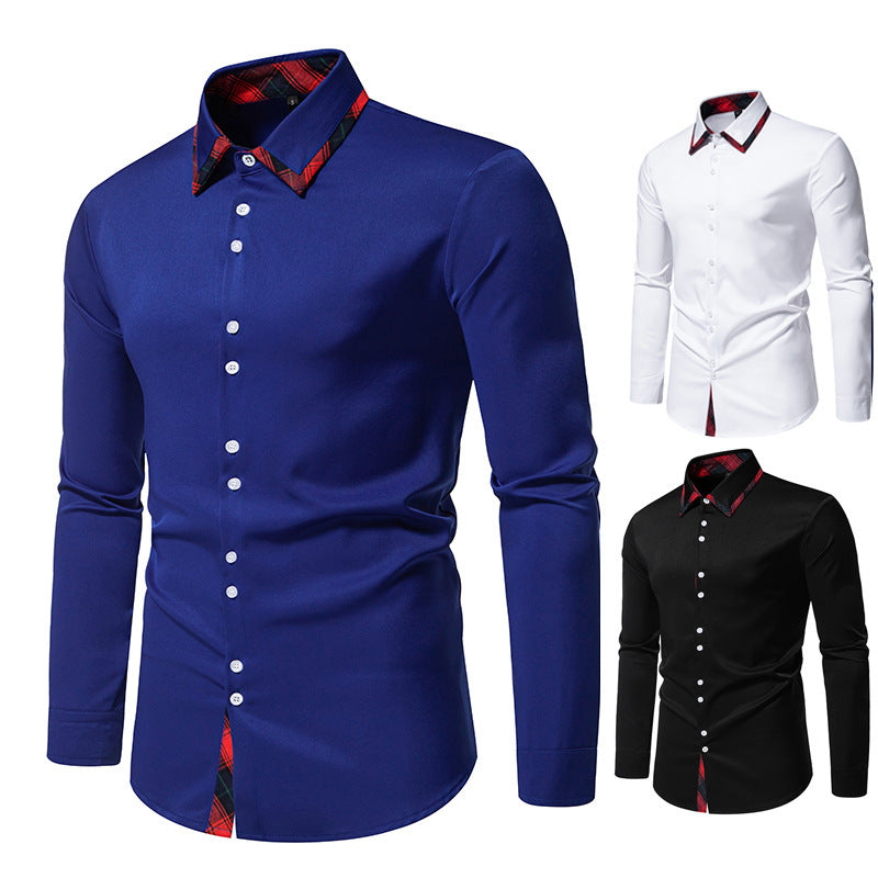 Herren elegantes Langarmhemd mit kreativem Kragen und kontrastierenden Details EB
