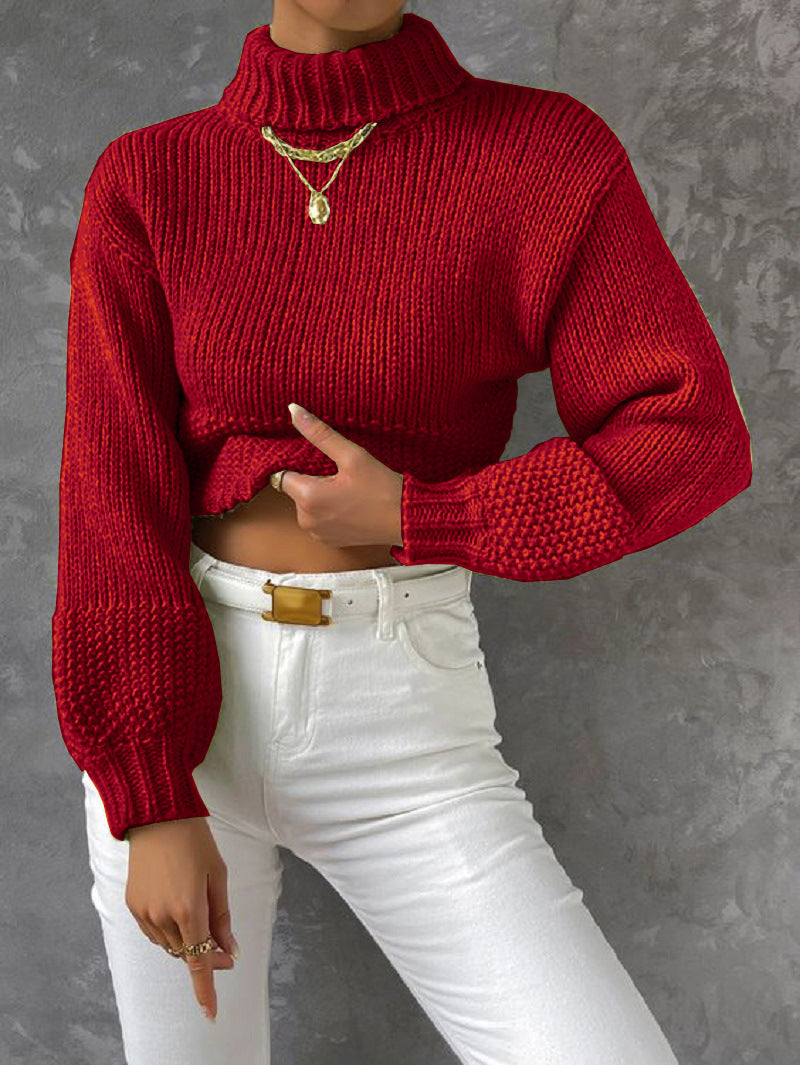 Damen trendiger Pullover mit hoch geschlossenem Kragen und voluminösen Ärmeln EB