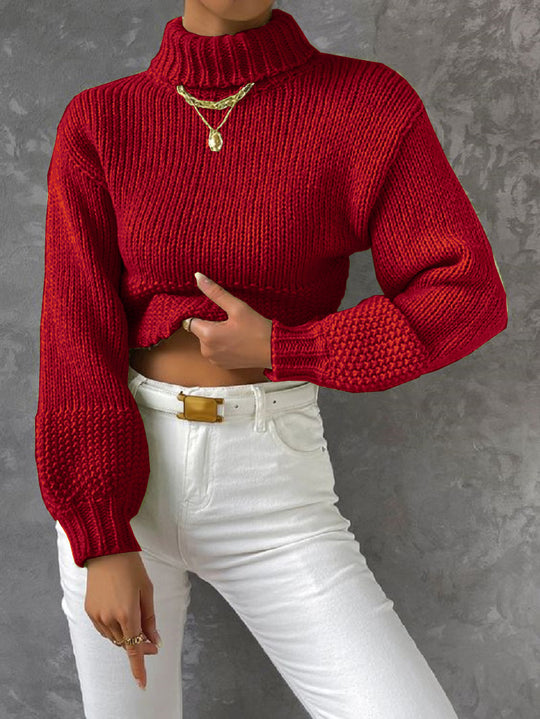 Damen trendiger Pullover mit hoch geschlossenem Kragen und voluminösen Ärmeln EB