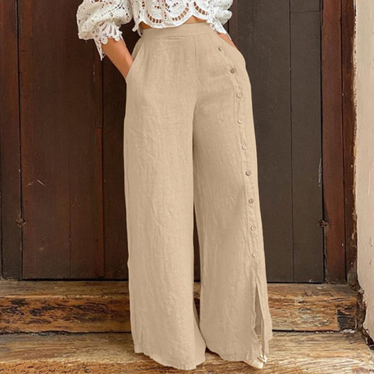 Damen Weite Leinenhose mit seitlichen Knöpfen und hoher Taille EB